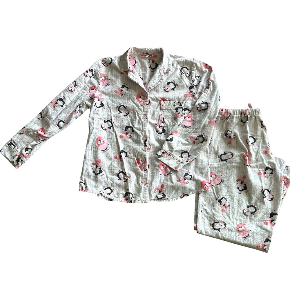 La Vie En Rose Pink Penguin Flannel Pajama Set Sz L Cotton‎ Button Down Cozycore - Picture 3 of 9